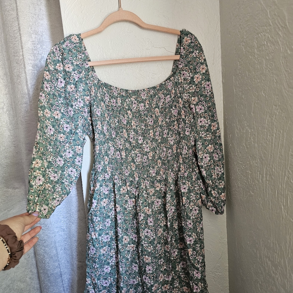 Green summer dress, floral, size L, green with pink flowers